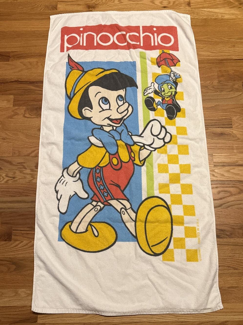Vtg 80s Disney Pinocchio Beach Towel Franco 27.5" x 53"